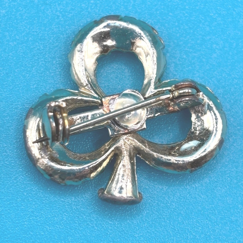 Vintage Green Clover Pin Brooch Rhinestone Lucky Charm READ - Picture 3 of 8
